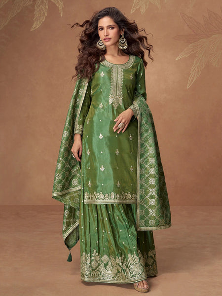  Salwar Kameez - Emerald Green Simar Silk Intricate Zari Work Sharara