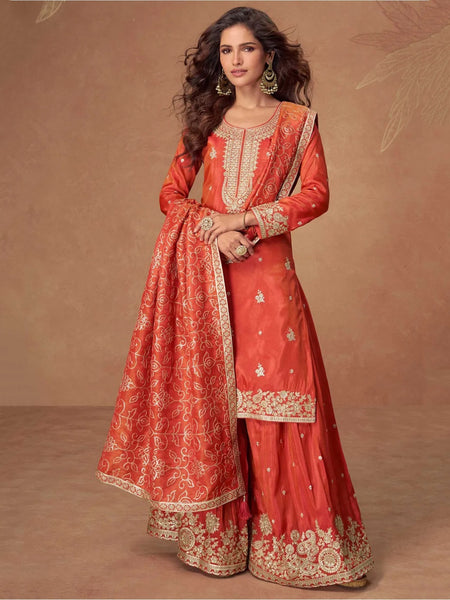  Salwar Kameez - Coral Orange Simar Silk Heavy Embroidered Sharara