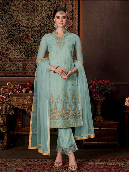 Pant Salwar Kameez - Net Silk Embroidery