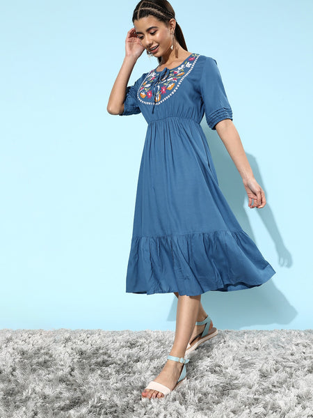 Kurti - Blue Floral Embroidered Viscose Kurti