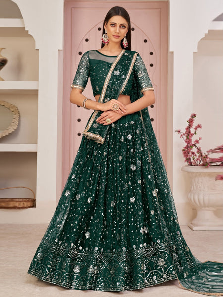 Net Lehenga Choli - Green Net Heavy Embroidered Intricate Classic