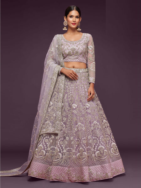 Net Lehenga Choli - Dusky Orchid Zari Sequins Embroidered Flowy Elegant Party Wear