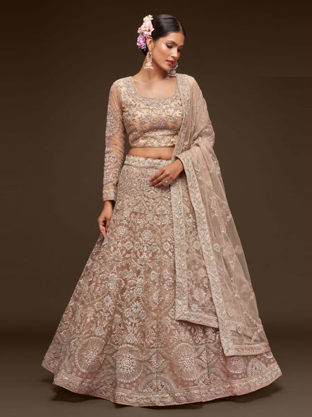 Net Lehenga Choli - Royal Beige Zari Sequins Embroidered Flowy Classic Wedding Wear