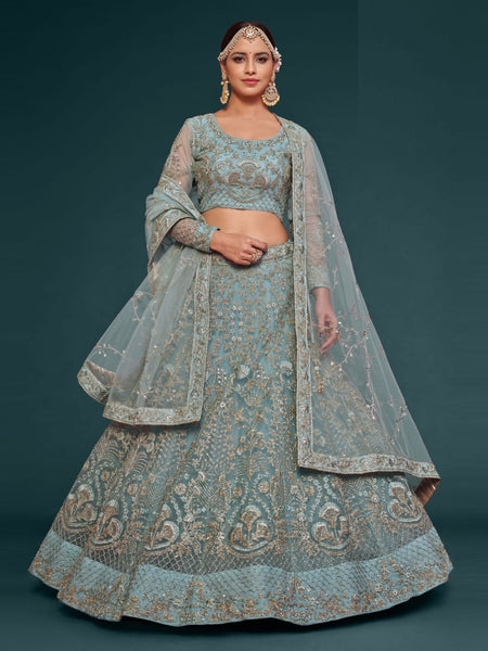 Net Lehenga Choli - Ocean Aqua Heavy Zari Sequins Embroidered Flowy Luxury Wedding Wear
