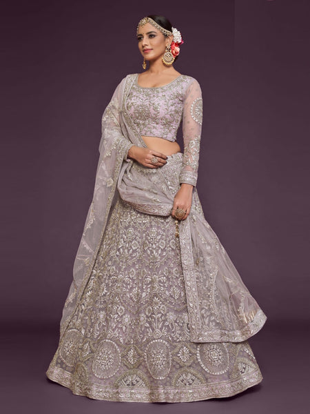 Net Lehenga Choli - Dusky Orchid Heavy Zari Sequins Embroidered Flowy Designer Party Wear