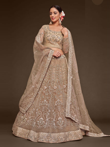 Net Lehenga Choli - Royal Beige Heavy Zari Sequins Embroidered Flowy Elegant Wedding Wear