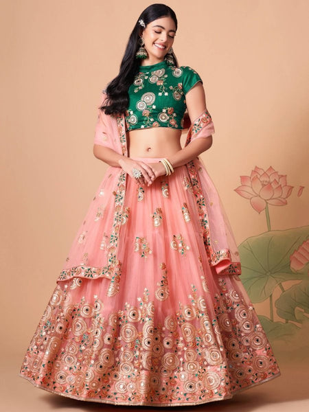 Net Lehenga Choli - Peach Soft Net Mirror Work Flowy Elegant Festive Wear