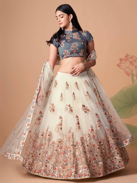 Net Lehenga Choli - Off White Soft Net Floral Mirror Work Elegant Traditional Wear