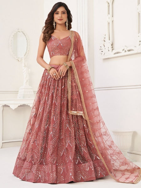 Net Lehenga Choli - Dusty Onion Pink Net Sequins Embroidered Flowy Elegant
