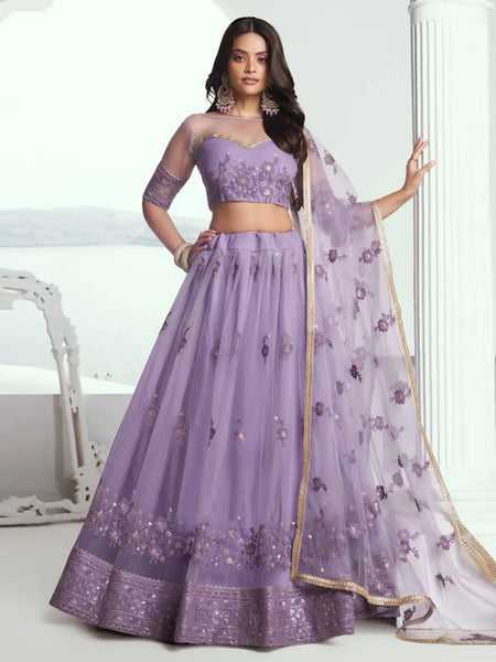Purple Lehenga Choli - Lavender Net Sequins Embroidered Flowy Luxury Festive Wear