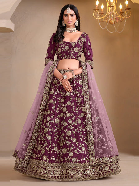 Purple Lehenga Choli - Wine Purple Art Silk Intricate Zari Embroidered Flowy Luxury Party Wear