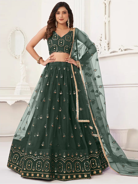 Net Lehenga Choli - Dark Green Butterfly Net Sequins Embroidered Flowy Traditional Festive Wear