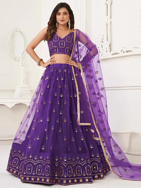 Purple Lehenga Choli - Purple Butterfly Net Sequins Embroidered Flowy Elegant Designer