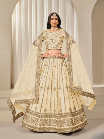 Cream Art Silk Zari Embroidered Elegant Lehenga Choli