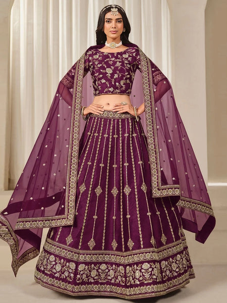 Purple Lehenga Choli - Wine Purple Silk Intricate Zari Embroidered Flowy Luxury Party Wear