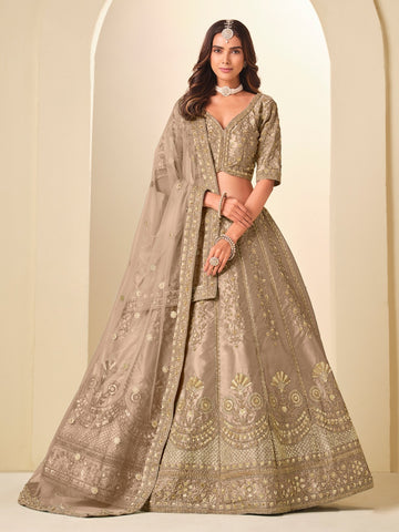 Taupe Silk Rich Embroidered Elegant Premium Reception Wear Lehenga Choli