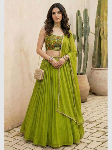 Mehendi Green Georgette Thread Embroidered Modern Lehenga Choli