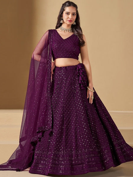  Lehenga Choli - Deep Wine Sequins Embroidered Flowy Glam Reception Wear