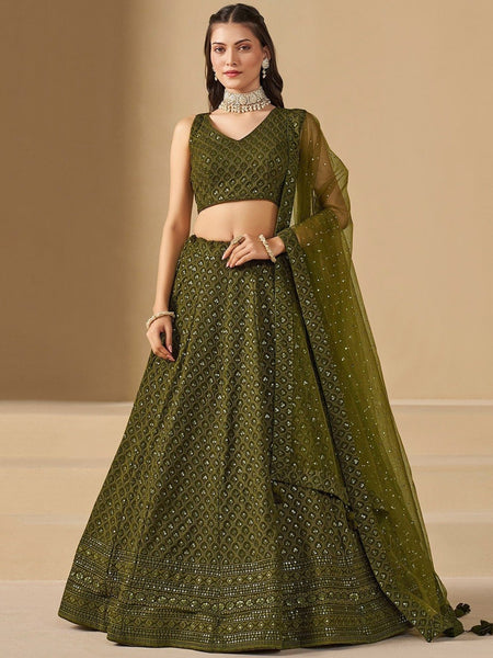  Lehenga Choli - Olive Mehendi Green Sequins Embroidered Flowy Traditional Mehendi Wear