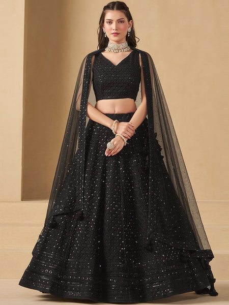  Lehenga Choli - Midnight Black Sequins Embroidered Flowy Luxury Party Wear