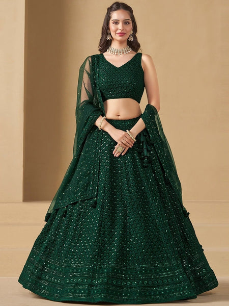  Lehenga Choli - Emerald Green Sequins Embroidered Flowy Classic Wedding Wear