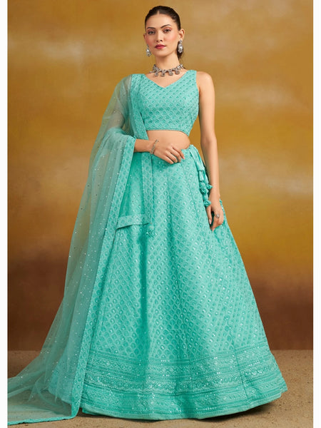Wedding Lehenga Choli - Georgette Sequins & Thread Embroidered Flared