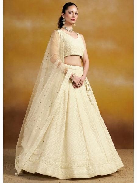 Wedding Lehenga Choli - Ivory Georgette Sequins & Thread Embroidered