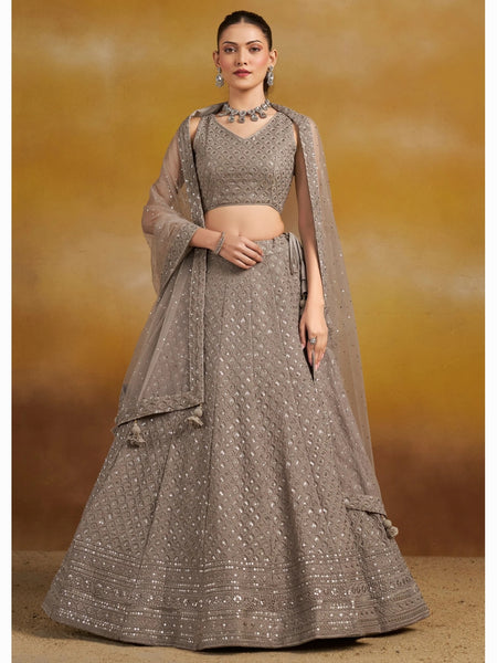 Wedding Lehenga Choli - Grey Georgette Sequins & Thread Embroidered