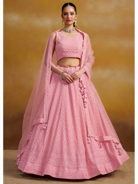 Wedding Lehenga Choli - Light Pink Georgette Sequins & Thread Embroidered