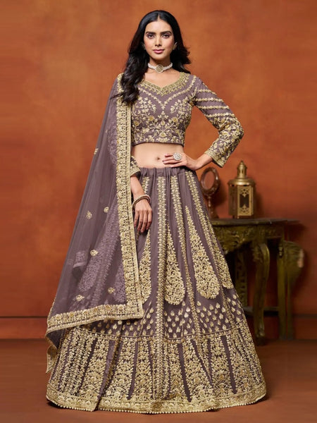 Purple Lehenga Choli - Purple Net Zari Embroidered Bridal Wedding Wea