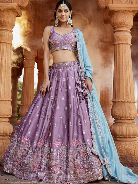 Wedding Lehenga Choli - Lavender Art Silk Floral Embroidered Flared
