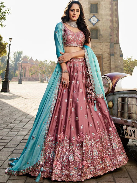 Wedding Lehenga Choli - Dusty Rose Art Silk Floral Embroidered Flared