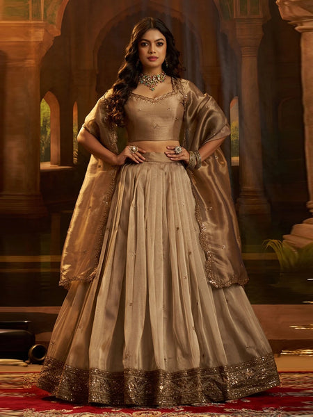 Wedding Lehenga Choli - Brown Organza Zari Dori Sequins Flared Premium Wedding Wear