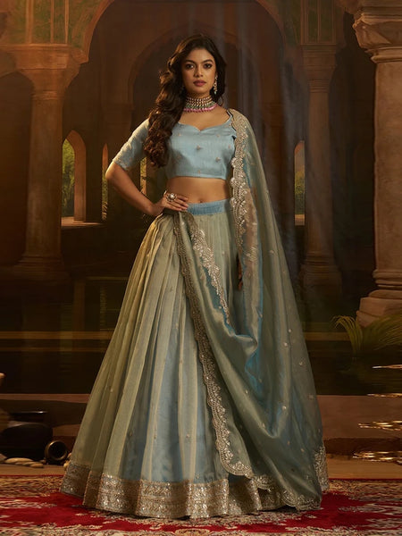 Wedding Lehenga Choli - Turquoise Organza Zari Dori Sequins Flared Elegant Festive Wear