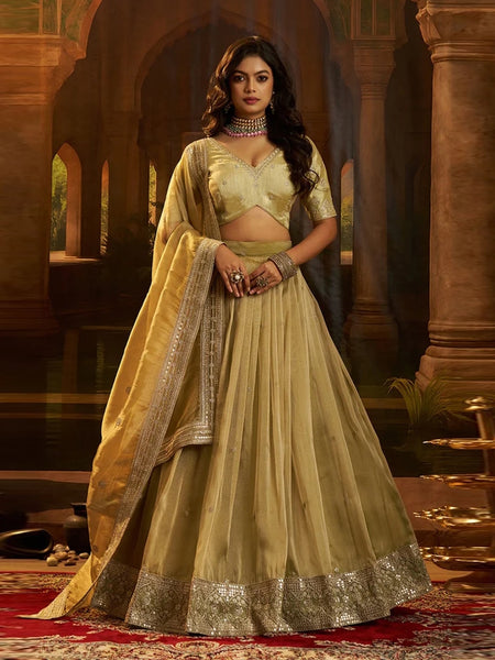 Wedding Lehenga Choli - Olive Crepe Zari Dori Sequins Flared Royal Wedding Wear