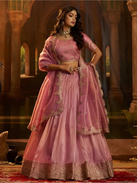 Wedding Lehenga Choli - Pink Organza Zari Dori Sequins Flared Glam Wedding Wear