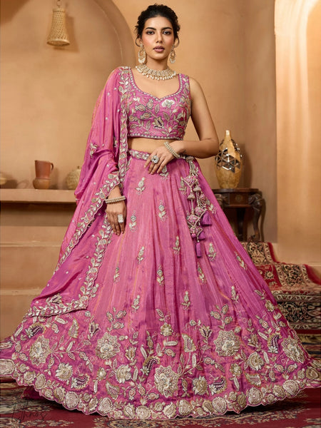 Wedding Lehenga Choli - Pink Tissue Intricate Embroidered Flowy Designer