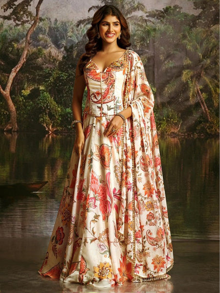 Wedding Lehenga Choli - Ivory Georgette Floral Printed & Handcrafted Work