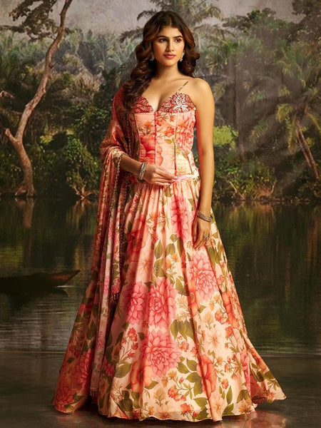 Wedding Lehenga Choli - Coral Pink Georgette Floral Printed & Handcrafted