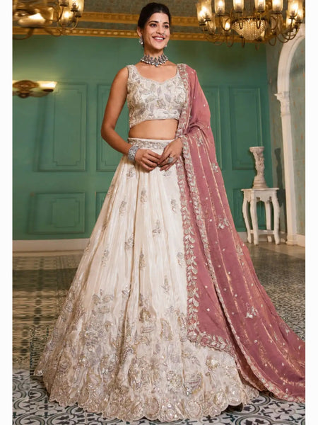 Wedding Lehenga Choli - Ivory Gold Pure Tissue Intricate Floral Embroidered