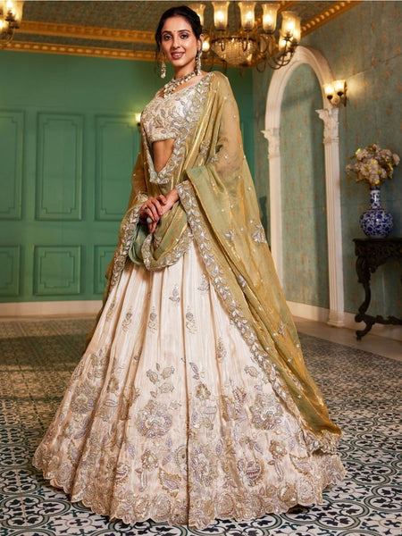 Wedding Lehenga Choli - Ivory Gold Pure Tissue Intricate Floral Embroidered