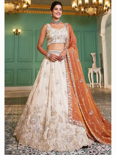 Wedding Lehenga Choli - Ivory Gold Pure Tissue Intricate Floral Embroidered