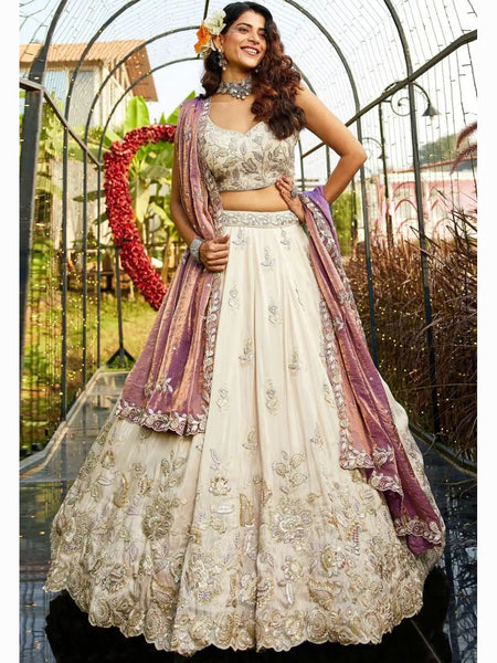 Wedding Lehenga Choli - Ivory Gold Pure Tissue Intricate Floral Embroidered