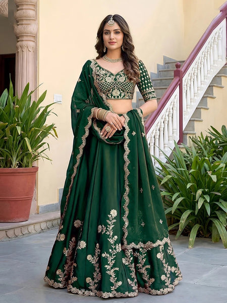 Wedding Lehenga Choli - Green Rangoli Silk Zari Dori & Sequins Embroidered