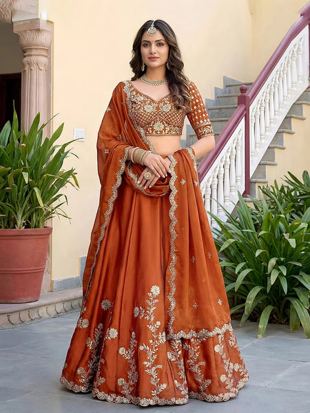 Wedding Lehenga Choli - Orange Rangoli Silk Zari Dori & Sequins Embroidered