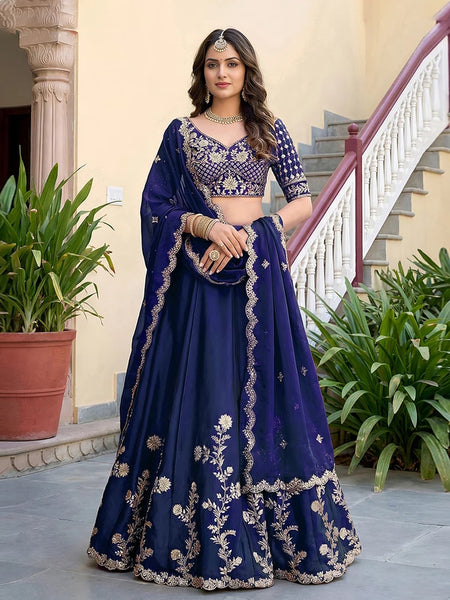 Wedding Lehenga Choli - Blue Rangoli Silk Zari Dori & Sequins Embroidered
