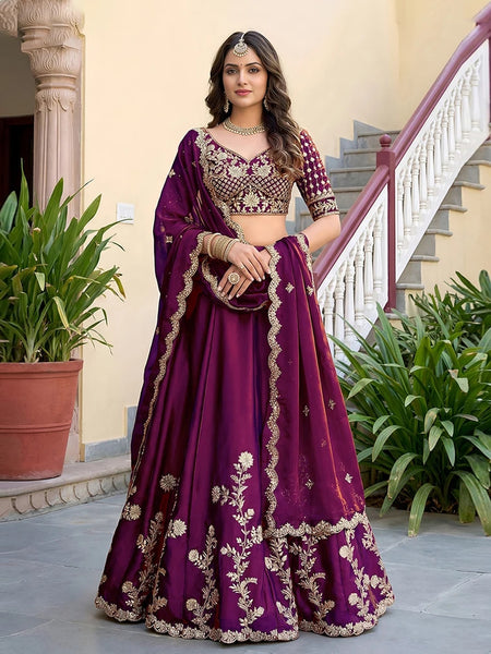 Wedding Lehenga Choli - Wine Rangoli Silk Zari Dori & Sequins Embroidered