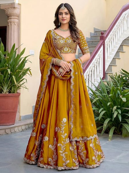 Wedding Lehenga Choli - Yellow Rangoli Silk Zari Dori & Sequins
