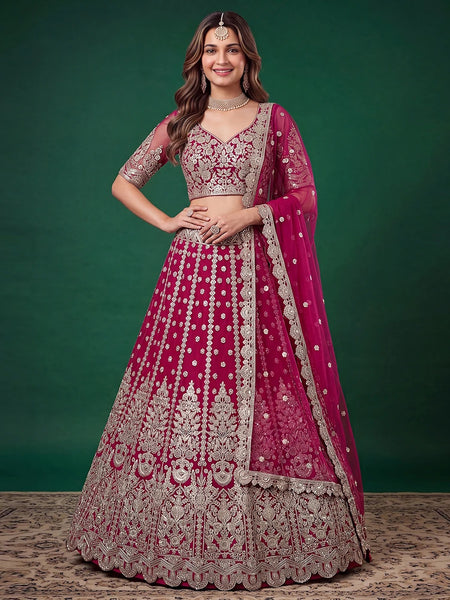 Net Lehenga Choli - Rose Pink Soft Net Zari Dori & Sequin Embroidered