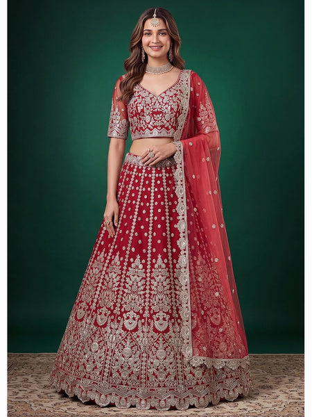 Net Lehenga Choli - Ruby Red Soft Net Zari Dori & Sequin Embroidered